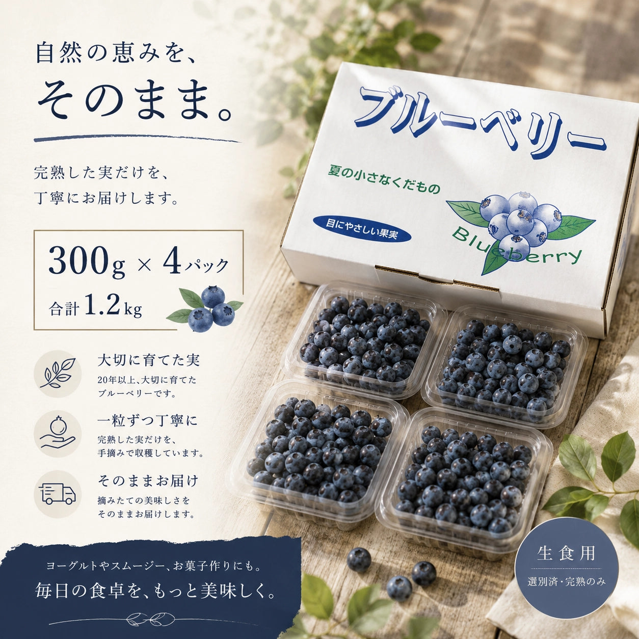 【期間限定】茨城県稲敷市産 完熟生ブルーベリー（300g×4パック・合計1.2kg）